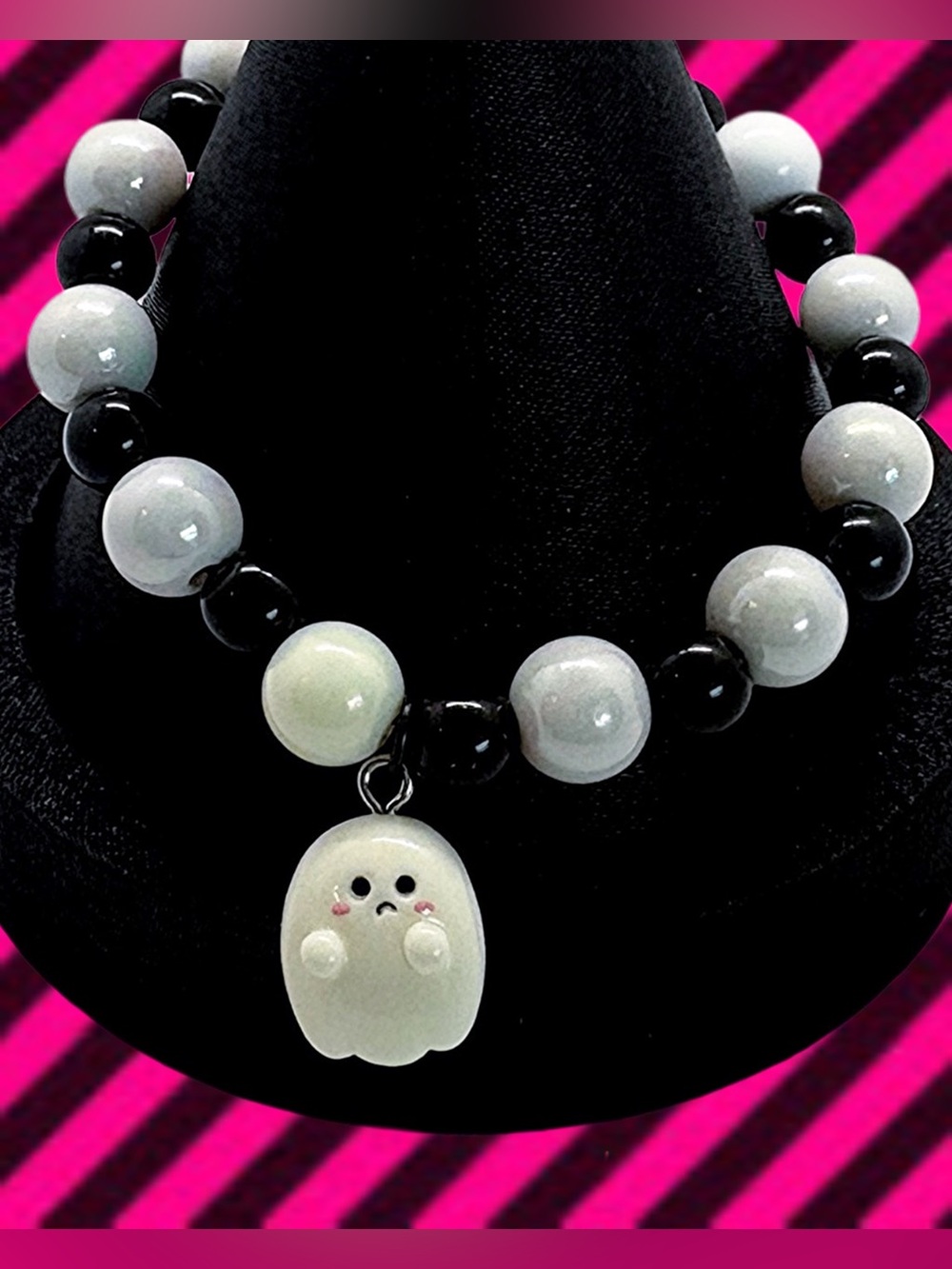Handmade Baby Ghost Charm Beaded Stretch Bracelet / Black + White